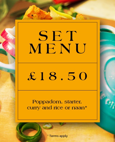 Set Menu: £18.50 for a Poppadom, starter, curry, rice or naan. Terms apply.