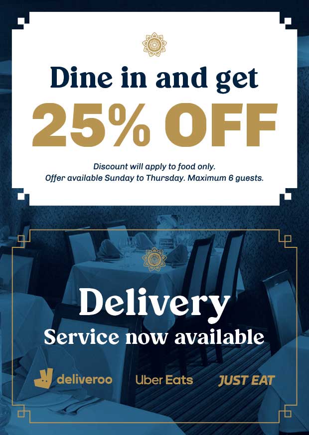 Get 25% off dining in, Sunday to Thursday. Delivery service now available.